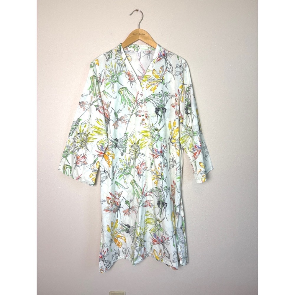 ETHNC Large Off White Artsy Floral Cotton Popover Swim Cover Beach Dress Boho